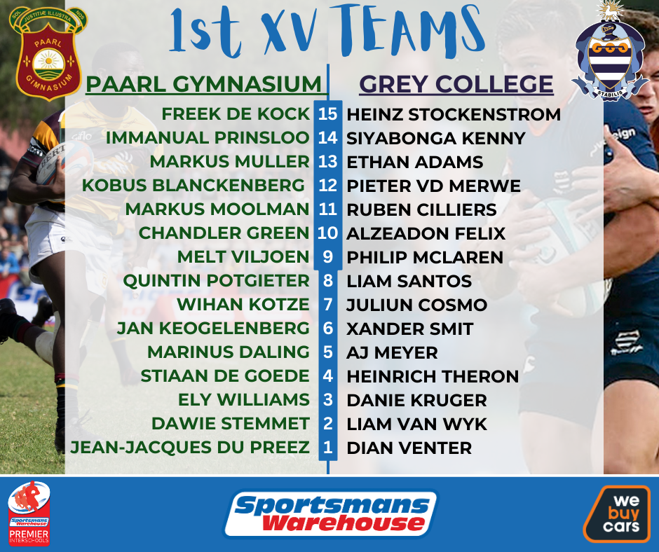 Team sheets for Paarl Gymnasium vs Grey College and Paul Roos vs Paarl Boys High 2024